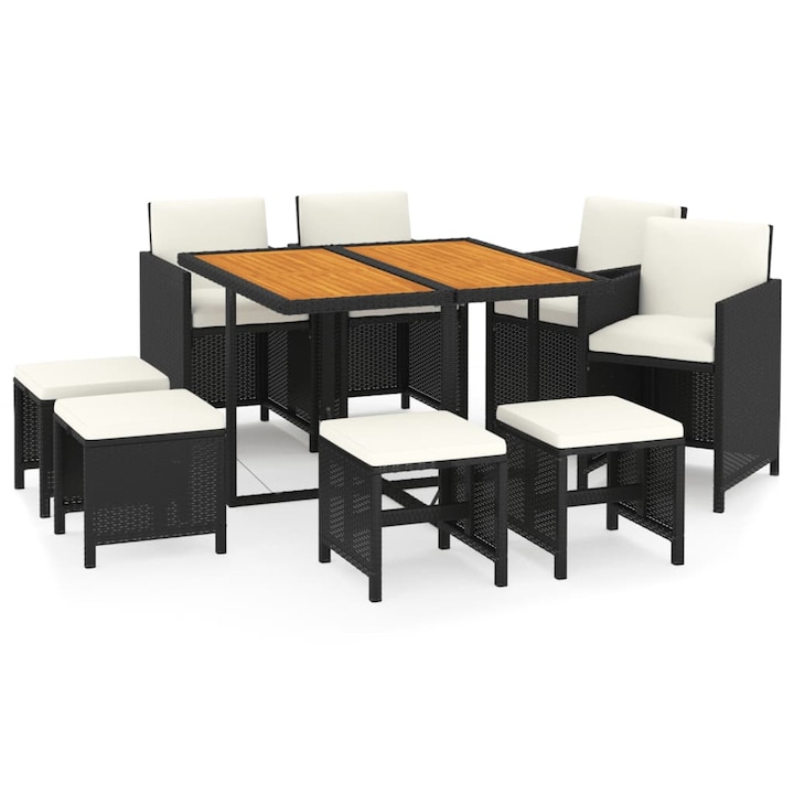 negru Set mobilier de gradina cu perne vidaXL, 9 piese, negru, poliratan, 52.6 kg, 109 x 107 x 74 cm