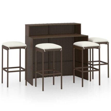 Set mobilier bar de gradina cu 1 masa si 4 tabureti cu perne vidaXL, Poliratan, 120 x 55 x 110 cm, Maro/Crem