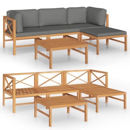 Set mobilier de gradina cu 5 piese cu perne vidaXL, Lemn de tec, Maro/Gri