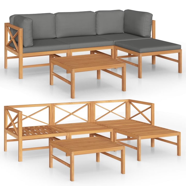 Set mobilier de gradina cu 5 piese cu perne vidaXL, Lemn de tec, Maro/Gri