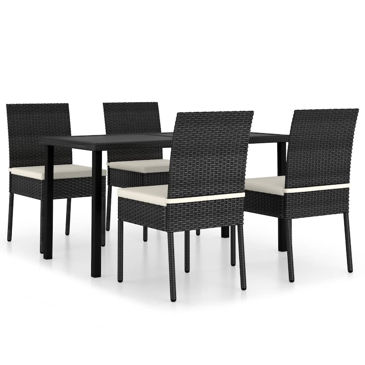 Set mobilier de gradina cu 1 masa cu blat din sticla si 4 scaune cu perne, vidaXL, Poliratan, 140 x 70 x 73 cm, Negru