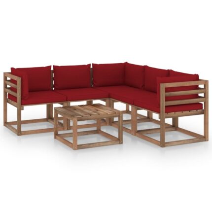 Set mobilier gradina, perne rosu vin, 6 piese, lemn pin tratat