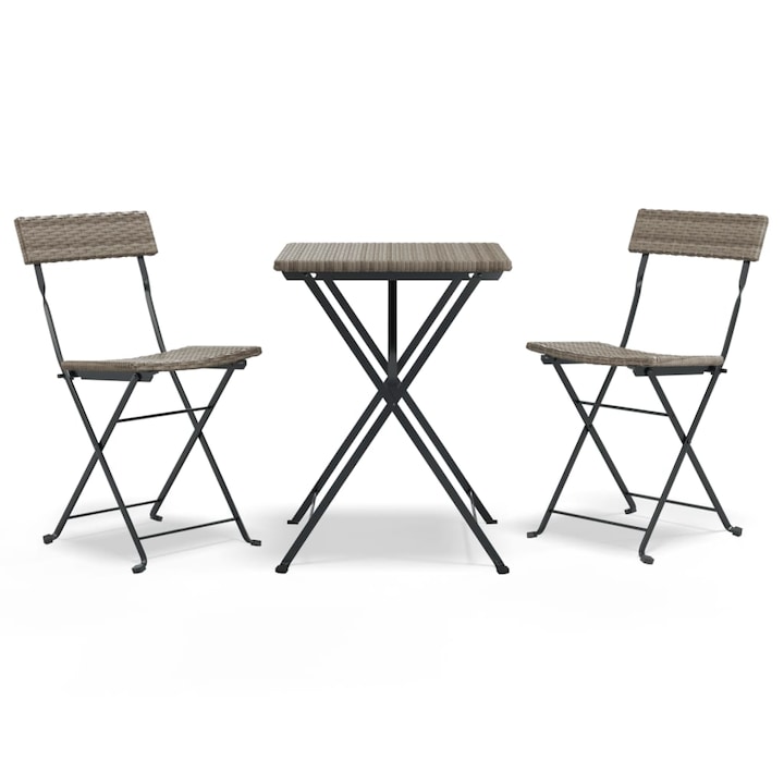Set mobilier bistro pliabil vidaXL, 3 piese, gri, poliratan, 40 x 45 x 79 cm, 13.4 kg