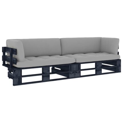 Set canapea din paleti 2 locuri vidaXL, cu perne negru lemn de pin tratat, 15.16 kg, 110x65x55 cm