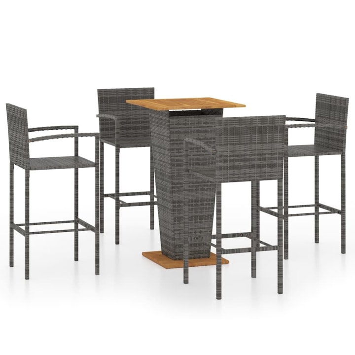 Set mobilier bar de gradina din 4 scaune si 1 masa tip tejghea blat lemn masiv vidaXL, Poliratan, 60 x 60 x 110 cm, Gri