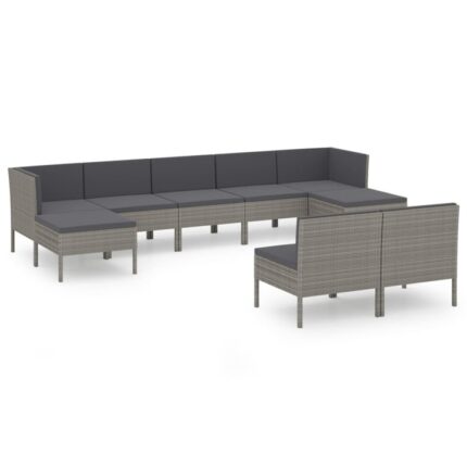 Set mobilier de gradina cu 5 canapele de mijloc, 2 canapele de colt si 2 tabureti cu perne vidaXL, Poliratan, Gri/Antracit, 34.4 kg