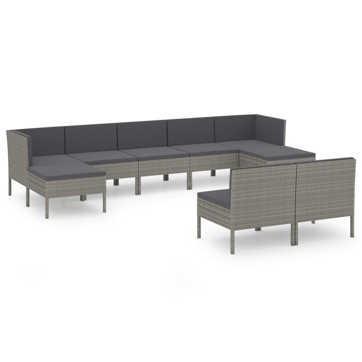 Set mobilier de gradina cu 5 canapele de mijloc, 2 canapele de colt si 2 tabureti cu perne vidaXL, Poliratan, Gri/Antracit, 34.4 kg