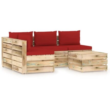 Set mobilier de gradina 5 piese canapea L cu masuta sau taburet si perne, vidaXL, Lemn de pin verde tratat, Maro/Rosu