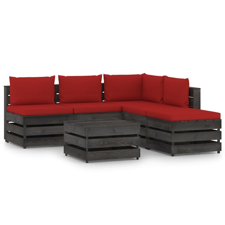 Set mobilier de gradina cu 3 canapele de mijloc, 1 canapea de colt si 2 mese/taburet cu perne vidaXL, Lemn, Rosu
