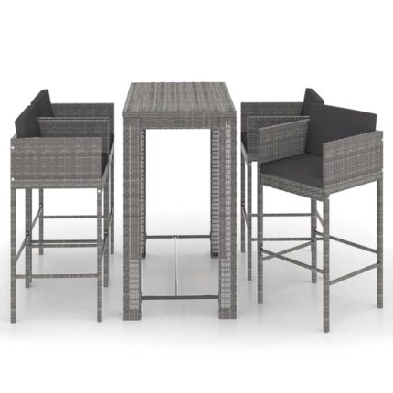 Set mobilier bar de gradina cu masa dreptunghiulara si 4 scaune cu perne vidaXL, Poliratan, 100 x 60.5 x 110.5 cm, Gri/Gri inchis, 38.6 kg