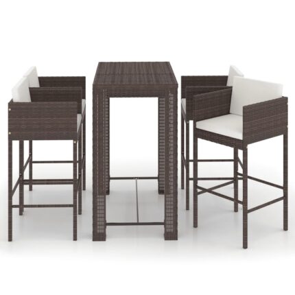 Set mobilier bar de gradina cu masa dreptunghiulara si 4 scaune cu perne vidaXL, Poliratan, 100 x 60.5 x 110.5 cm, Maro/Crem, 38.6 kg
