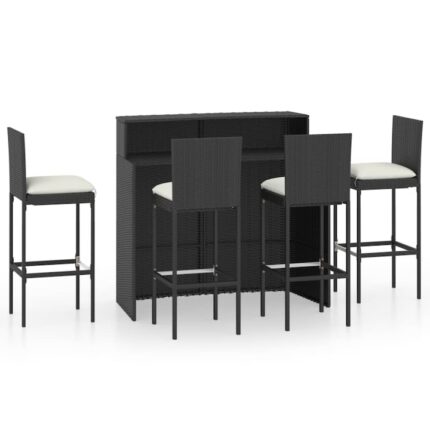 Set mobilier bar de gradina cu 1 masa si 4 scaune cu perne vidaXL, Poliratan, 120 x 55 x 110 cm, Negru/Crem