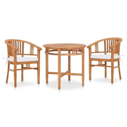 Set mobilier de gradina cu masa rotunda si 2 scaune din lemn masiv cu perne vidaXL, Lemn de tec, 80 x 75 cm, Maro/Crem