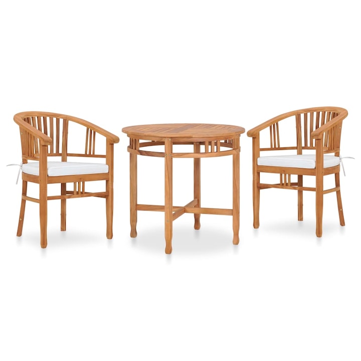 Set mobilier de gradina cu masa rotunda si 2 scaune din lemn masiv cu perne vidaXL, Lemn de tec, 80 x 75 cm, Maro/Crem
