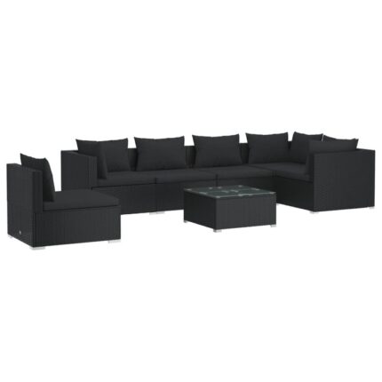 Set mobilier de gradina cu perne vidaXL, negru, poliratan, 70 x 70 x 60,5 cm, 7 piese