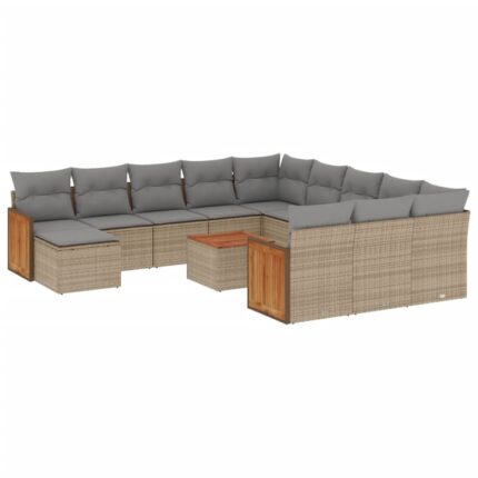 Set canapele de gradina vidaXL, 13 piese, cu perne, bej, poliratan, 75.48 Kg