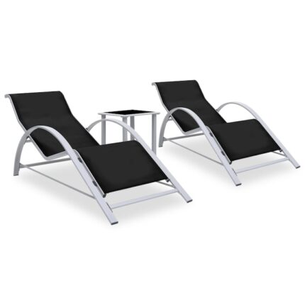 Set de 2 sezlonguri de plaja cu masa, vidaXL, Otel, 167 x 60 x 66 cm, Negru