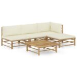 Set mobilier de gradina cu perne alb crem, 5 piese, bambus