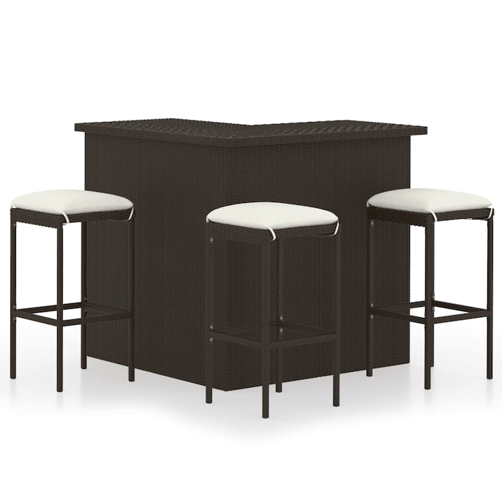 Set mobilier de bar pentru gradina cu 7 piese cu perne crem incluse, vidaXL, Poliratan, 100 x 50 x 105 cm, Maro
