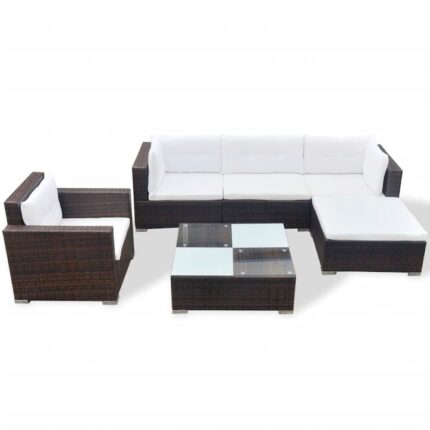Set mobilier de gradina cu perne vidaXL, 6 piese, maro, poliratan, 69,5 x 69,5 x 52,5 cm