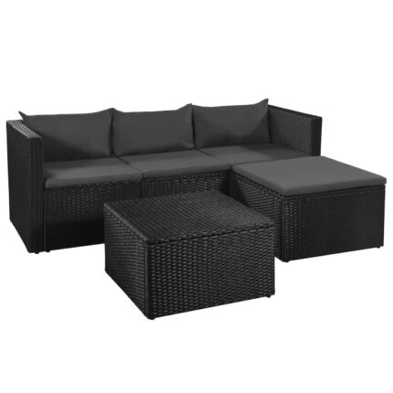 Set mobilier de gradina - canapea si masa cu perne gri inchis, 10 piese, vidaXL, Ratan, Negru