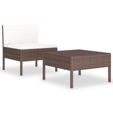 Set mobilier de gradina din 2 piese cu perna alba, vidaXL, Poliratan, 57 x 69 x 69 cm, Maro