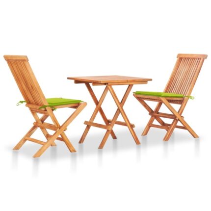 Set bistro cu perne verde aprins vidaXL, 3 piese, lemn masiv tec, 60 x 60 x 65 cm, 19.21 kg 3063236