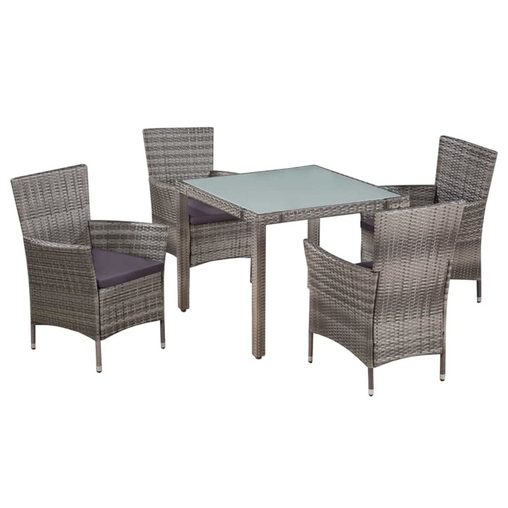 Set mobilier de gradina cu masa si 4 scaune, vidaXL, Poliratan si sticla, Gri, 90 x 90 x 75 cm