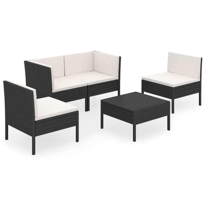 Set mobilier de gradina cu 1 masa/suport pentru picioare, 2 canapele de colt si 2 canapele de mijloc cu perne vidaXL, Poliratan, 60 x 60 x 35 cm, Negru/Alb crem