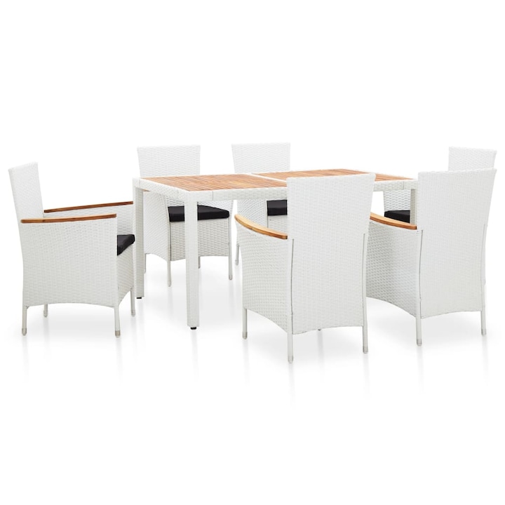 Set mobilier de gradina 7 piese, vidaXL, Poliratan/Lemn, 150 x 90 x 75 cm, Alb/Negru