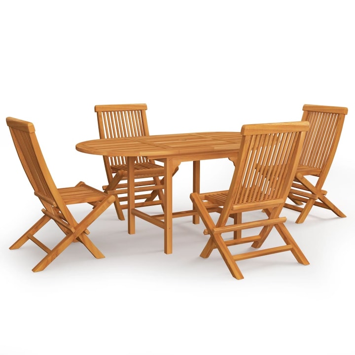 Set mobilier de gradina cu 5 piese din lemn masiv de tec, vidaXL, Lemn, (110-160) x 80 x 75 cm, Maro