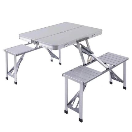 Set Masa cu 4 Scaune Bigshot pentru Camping, Pliabila in Stil Valiza, Argintie, JRH