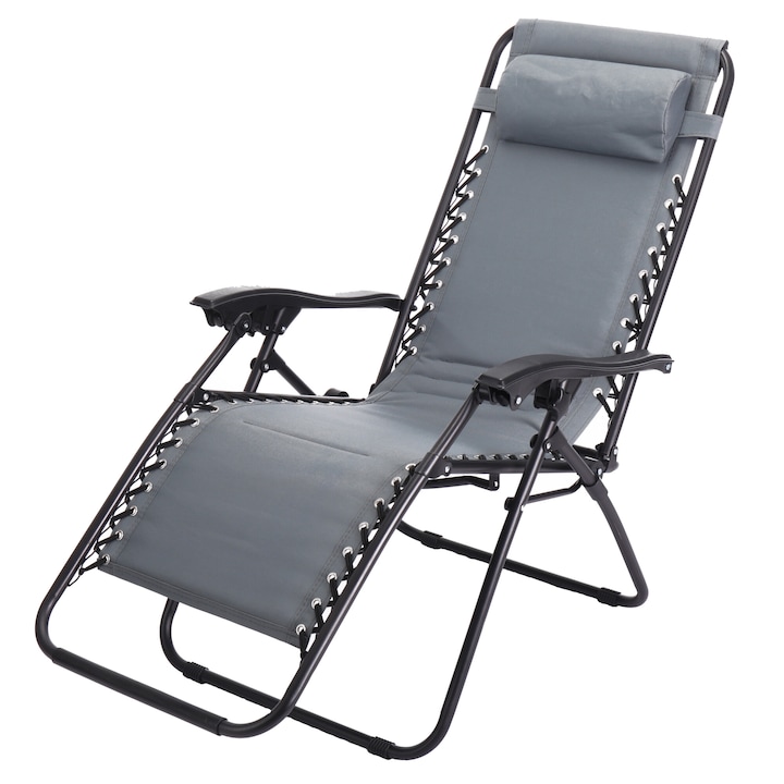 Sezlong/Scaun pliant plaja/gradina/terasa Kring Siesta, gravitatie zero, cu tetiera, 165x65x113 cm, gri