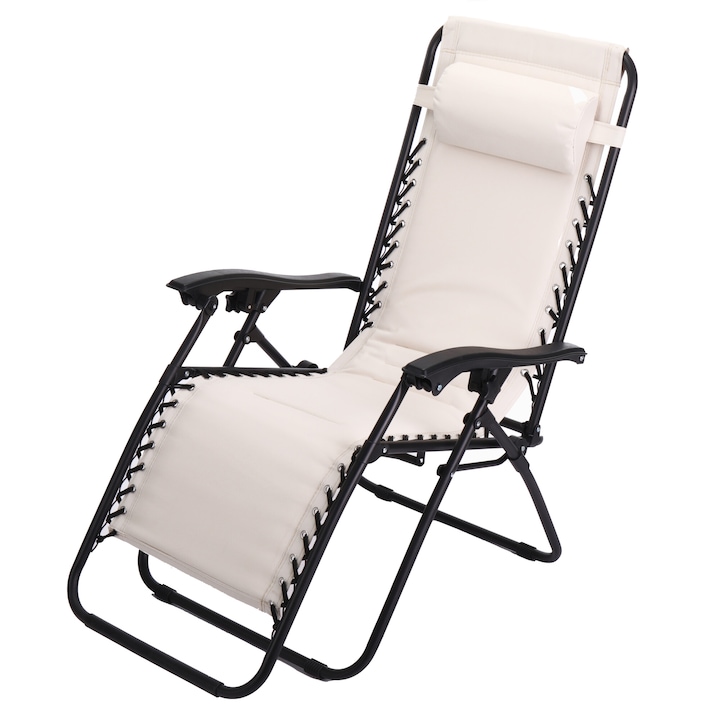 Sezlong/Scaun pliant plaja/gradina/terasa Kring Siesta, gravitatie zero, cu tetiera, 165x65x113 cm, bej