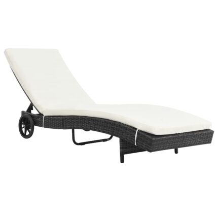 Set sezlong din poliratan cu saltea, vidaXL, Negru, 199 x 60 x 37 cm