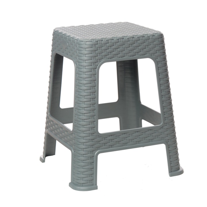Taburet, plastic, tip rattan, culoare gri, 46 cm