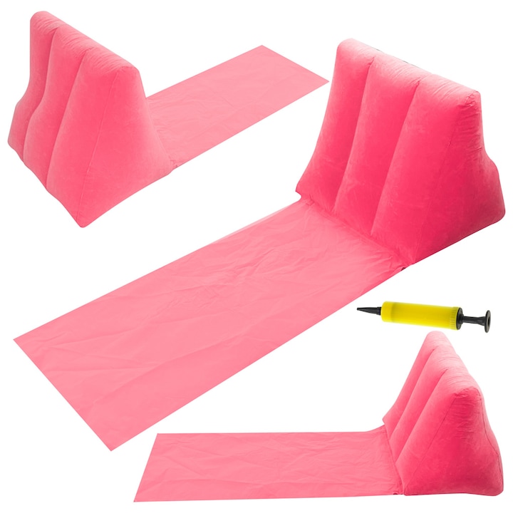 Sezlong gonflabil cu spatar + pompa, Portabil, 138x48x48 cm, Roz