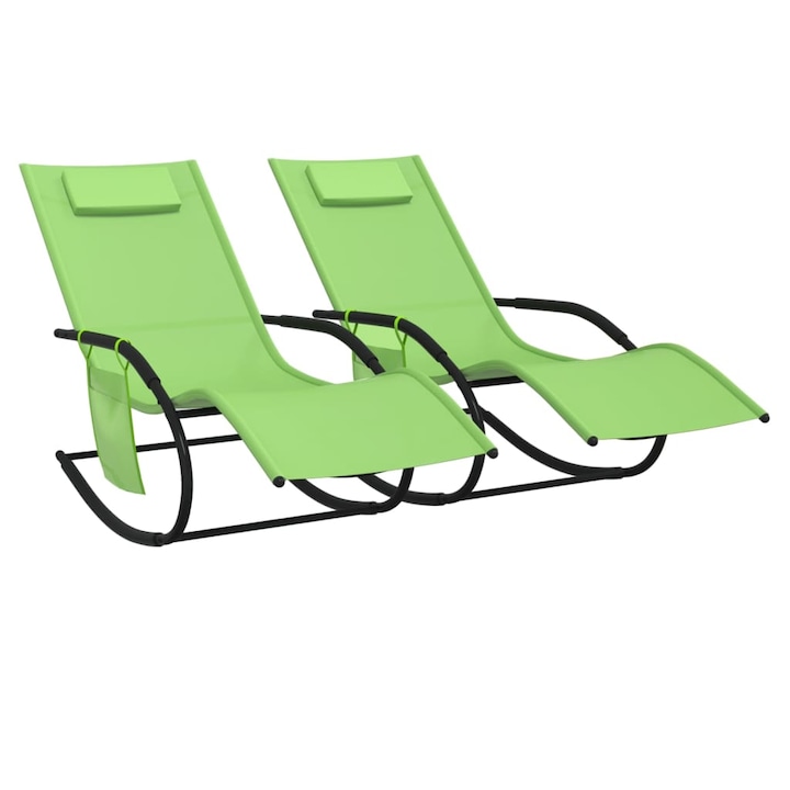 Sezlonguri balansoare vidaXL, 147 x 63 x 88 cm, 2 piese, verde, otel si textilena