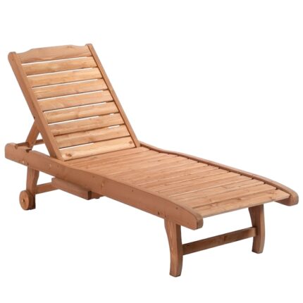 Sezlong cu roti pentru gradina, Outsunny, Lemn, Tava detasabila, 182 x 60 x 35 cm, Maro