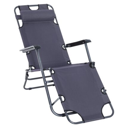 Sezlong pliabil cu cotiere, Outsunny, Metal/PVC, Tetiera, 135 x 60 x 89 cm, Gri