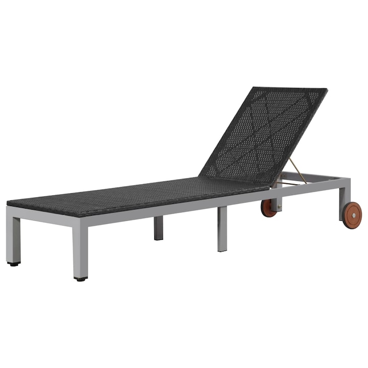 Sezlong din poliratan si cadru de otel, vidaXL, Negru, 207 x 70 x 88 cm