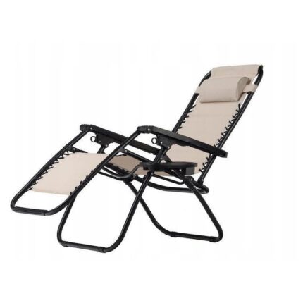 Scaun pliabil Modernhome, tip sezlong, ajustabil cu tetiera, cotiere si suport lateral, pentru gradina sau terasa, 5kg, capacitate 120kg, bej