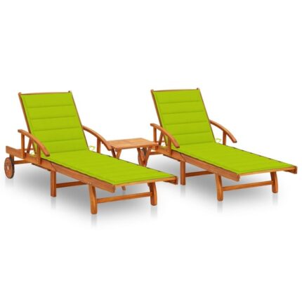 Set Sezlonguri vidaXL, 2 buc., cu masa si perne, lemn masiv de acacia, 199 x 67 x 30/51/62/77/85 cm, 34.23 kg 3077356