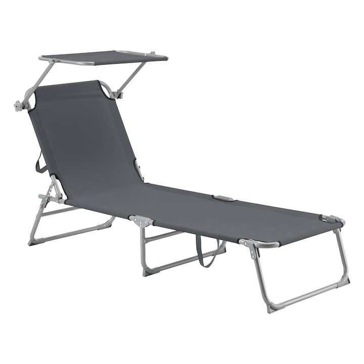 Sezlong Getaria DG, en.casa, 189 x 57 x 28 cm, otel/poliester, gri inchis, cu parasolar si barete transport