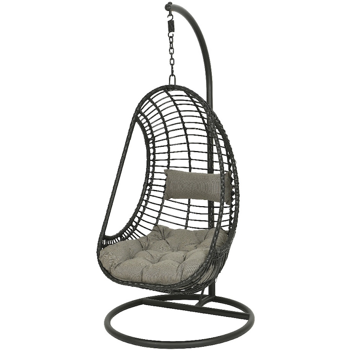 Balansoar gradina/terasa Riga Kaemingk, diametru 95 cm, inaltime 195 cm, rattan sintetic, negru/gri