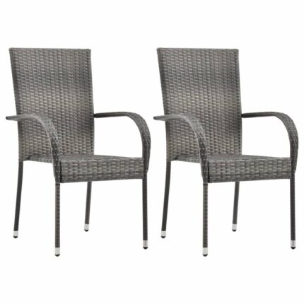 Set 2 scaune stivuibile de gradina, vidaXL, Poliratan, 55,5 x 53,5 x 95 cm, Gri