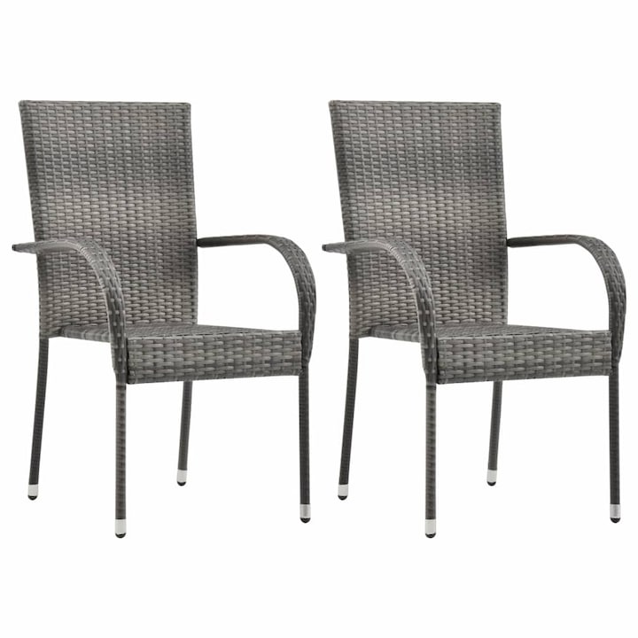 Poliratan Set 2 scaune stivuibile de gradina, vidaXL, Poliratan, 55,5 x 53,5 x 95 cm, Gri