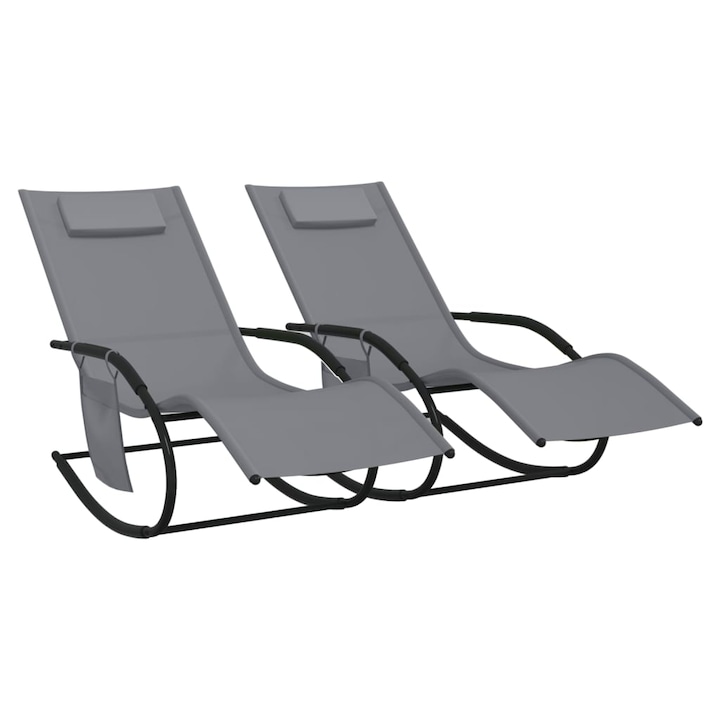 Sezlonguri balansoare vidaXL, 2 piese, gri, 147 x 63 x 88 cm, otel si textilena