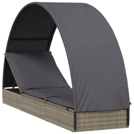Sezlong cu acoperis rotund vidaXL, gri, 211x57x140 cm, poliratan, 15.98 kg