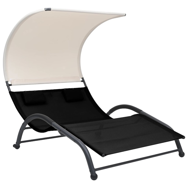 Sezlong de plaja dublu cu baldachin cu perne vidaXL, Otel, 190 x 137 x 158 cm, Negru
